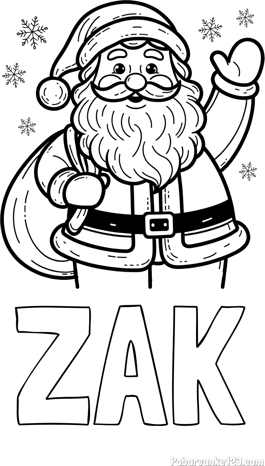 Pobarvanka imena ŽAK in pobarvanka nasmejanega Božička s polno vrečo daril