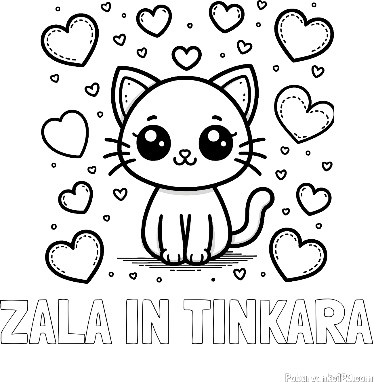 Pobarvanka imena ZALA IN TINKARA in pobarvanka ljubke mucke obdane z veliko srčki