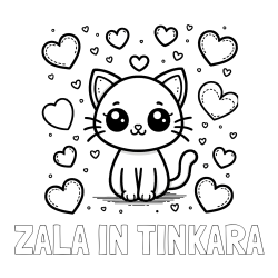 Online izdelana pobarvanka - Pobarvanka imena ZALA IN TINKARA in pobarvanka ljubke mucke obdane z veliko srčki