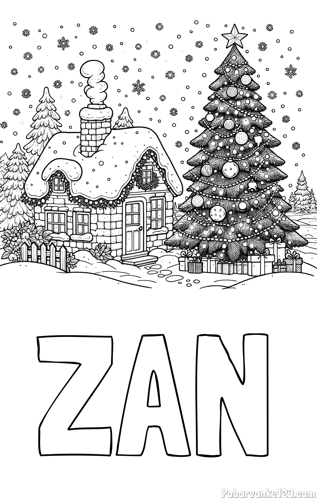 Pobarvanka imena ŽAN in pobarvanka zasnežene hiške na božično noč