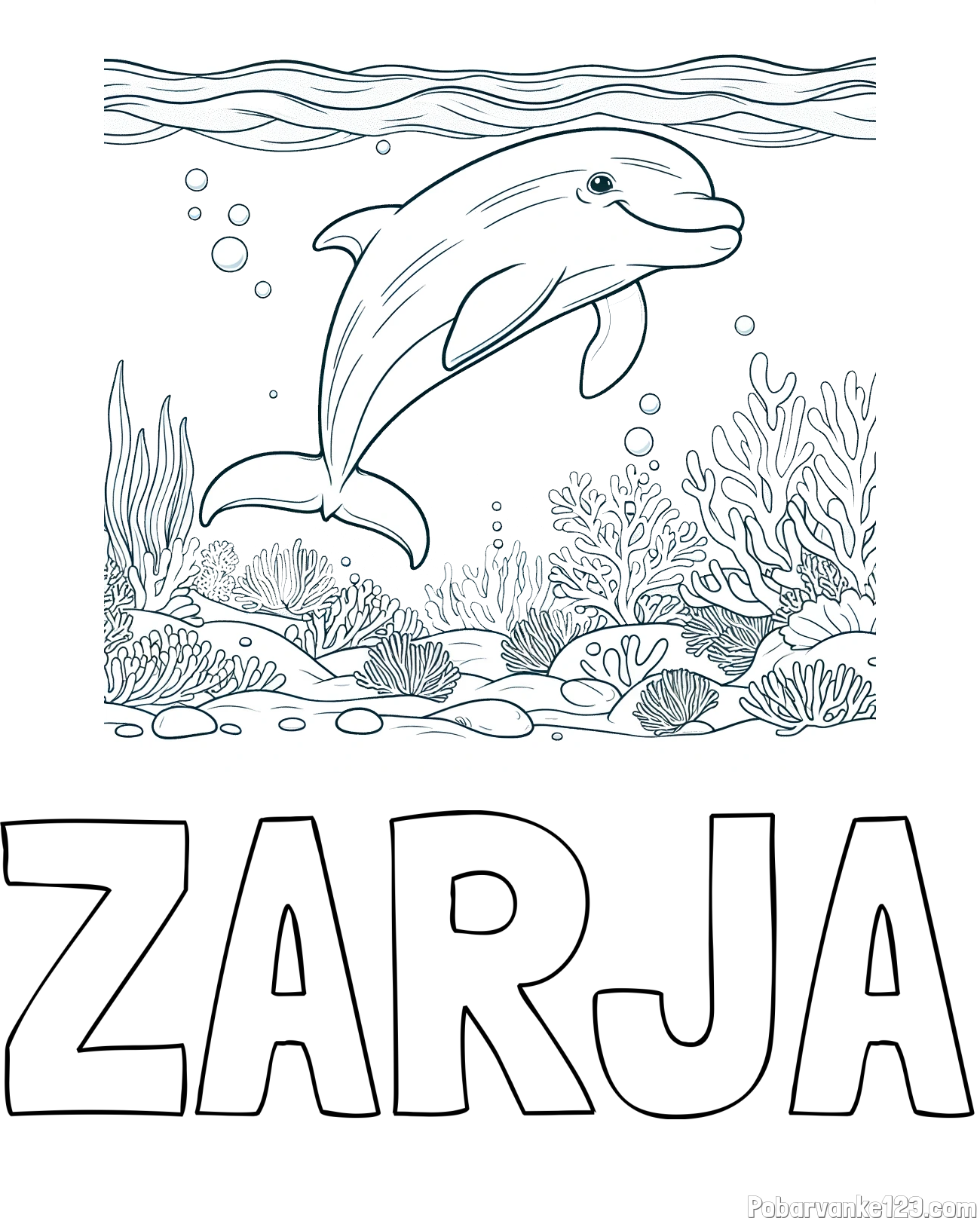 Pobarvanka imena ZARJA in pobarvanka ljubkega delfina med plavanjem v morju