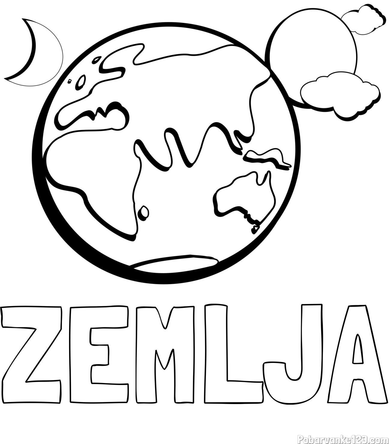 Pobarvanka imena ZEMLJA in pobarvanka planeta Zemlje, lune ter sonca