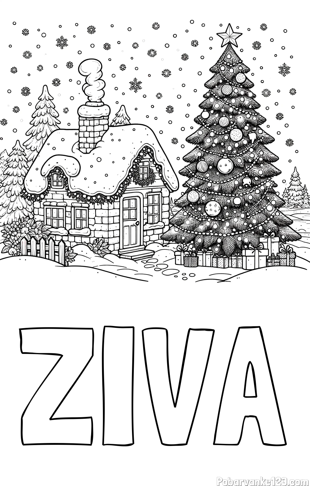 Pobarvanka imena ŽIVA in pobarvanka zasnežene hiške na božično noč