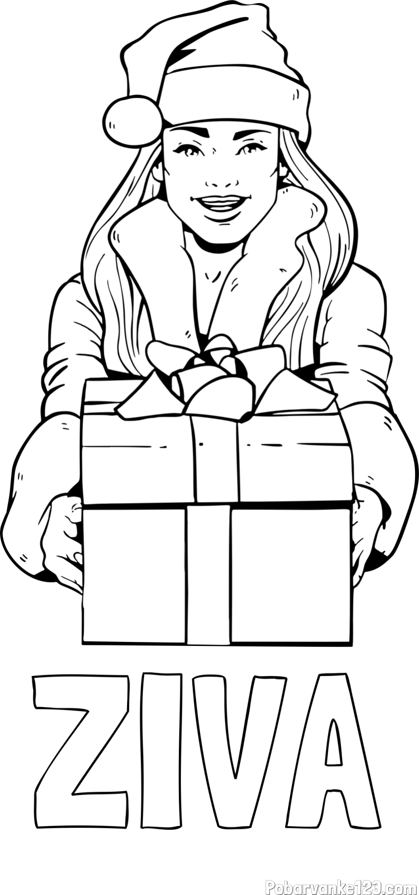 Pobarvanka imena ŽIVA in pobarvanka ženske oblečene v Božička z darilom