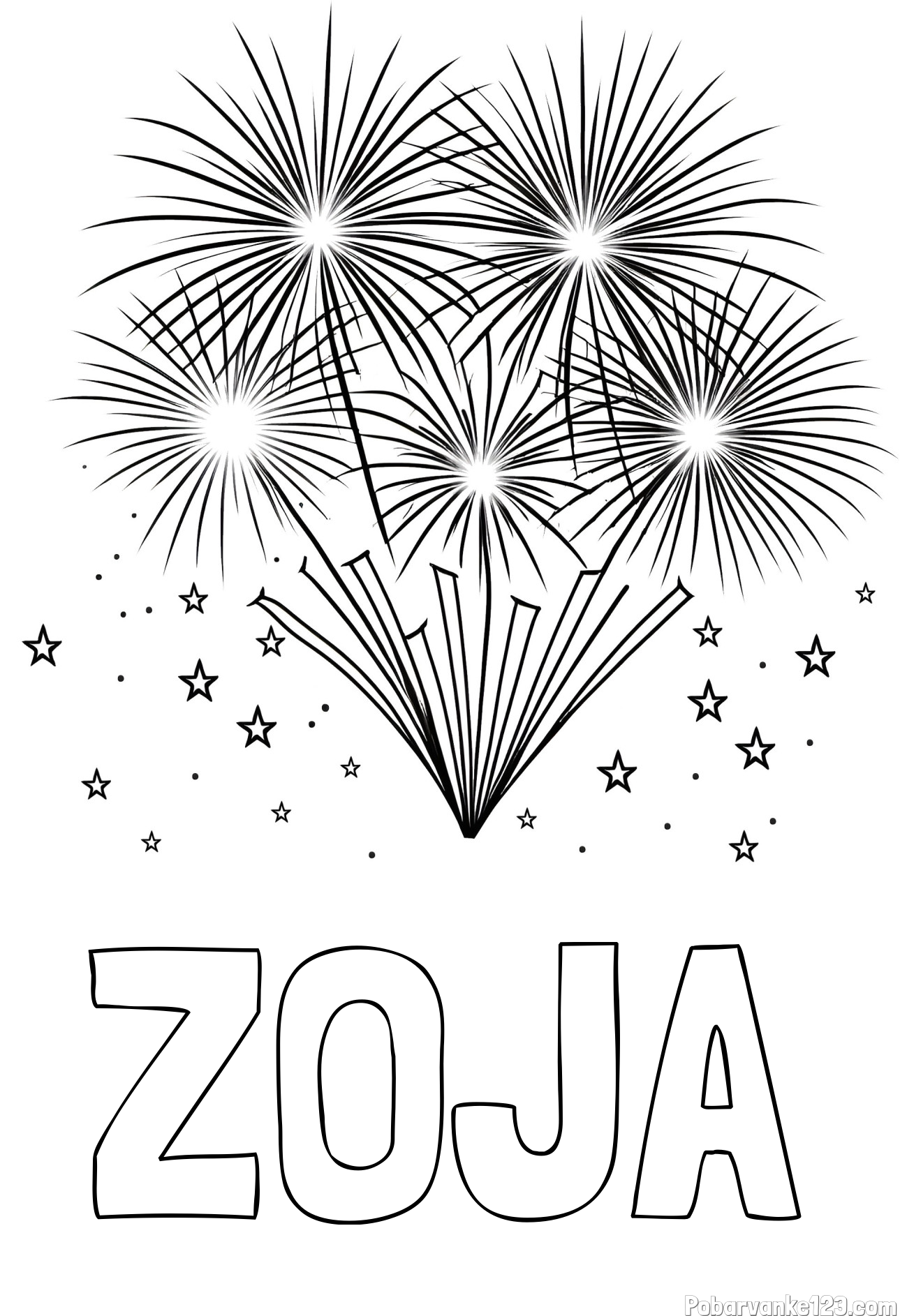 Pobarvanka imena ZOJA in pobarvanka velikega ognjemeta z zvezdicami