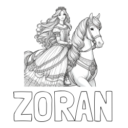 Online izdelana pobarvanka - Pobarvanka imena ZORAN in pobarvanka nasmejana princese na konju