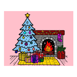Pobarvana pobarvanka - Pobarvanka božične noči z božično smrečico, darili ter kaminom