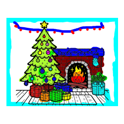 Pobarvana pobarvanka - Pobarvanka božične noči z božično smrečico, darili ter kaminom