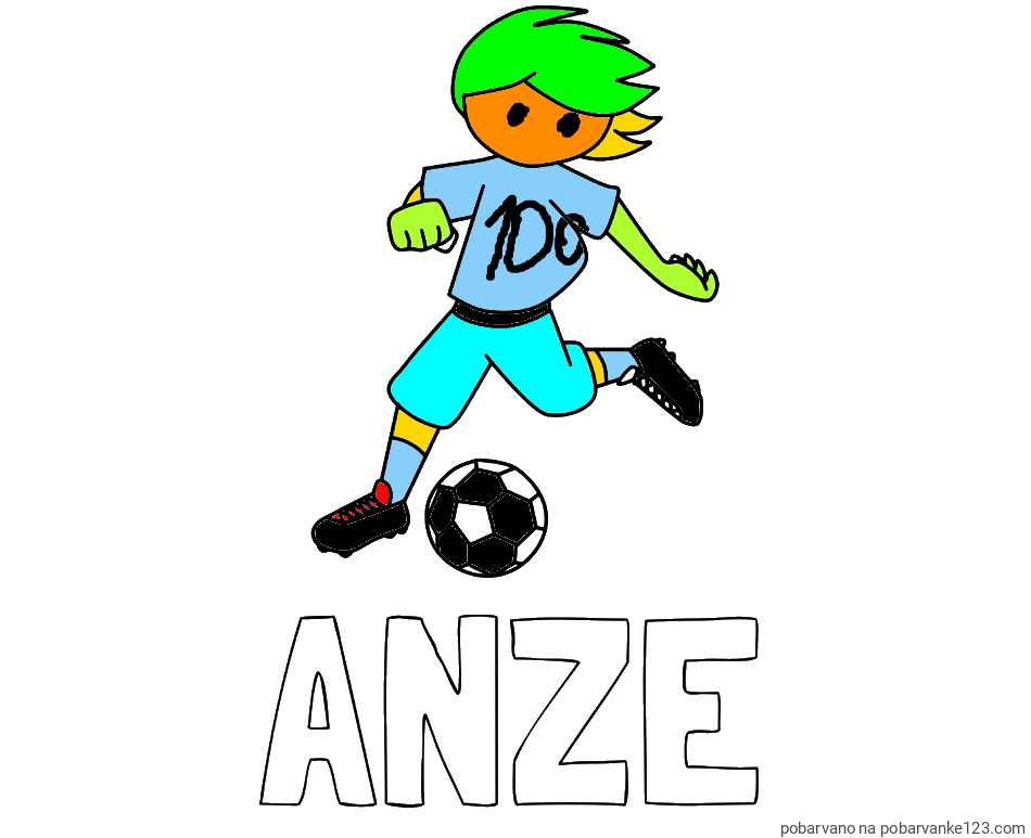 POBARVANA POBARVANKA - Pobarvanka imena ANŽE in otroška pobarvanka preprosto ilustriranega nogometaša