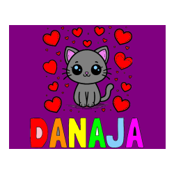 Pobarvana pobarvanka - Pobarvanka imena DANAJA in pobarvanka ljubke mucke obdane z veliko srčki