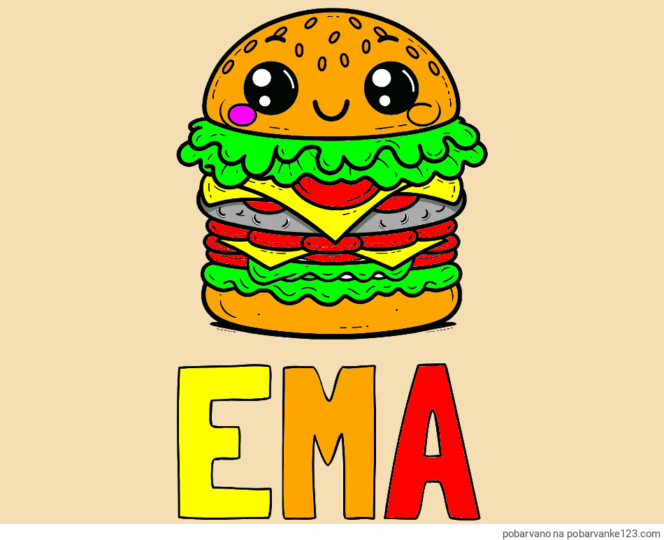 POBARVANA POBARVANKA - Pobarvanka imena EMA in otroška pobarvanka nasmejanega hamburgerja