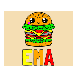 Pobarvana pobarvanka - Pobarvanka imena EMA in otroška pobarvanka nasmejanega hamburgerja