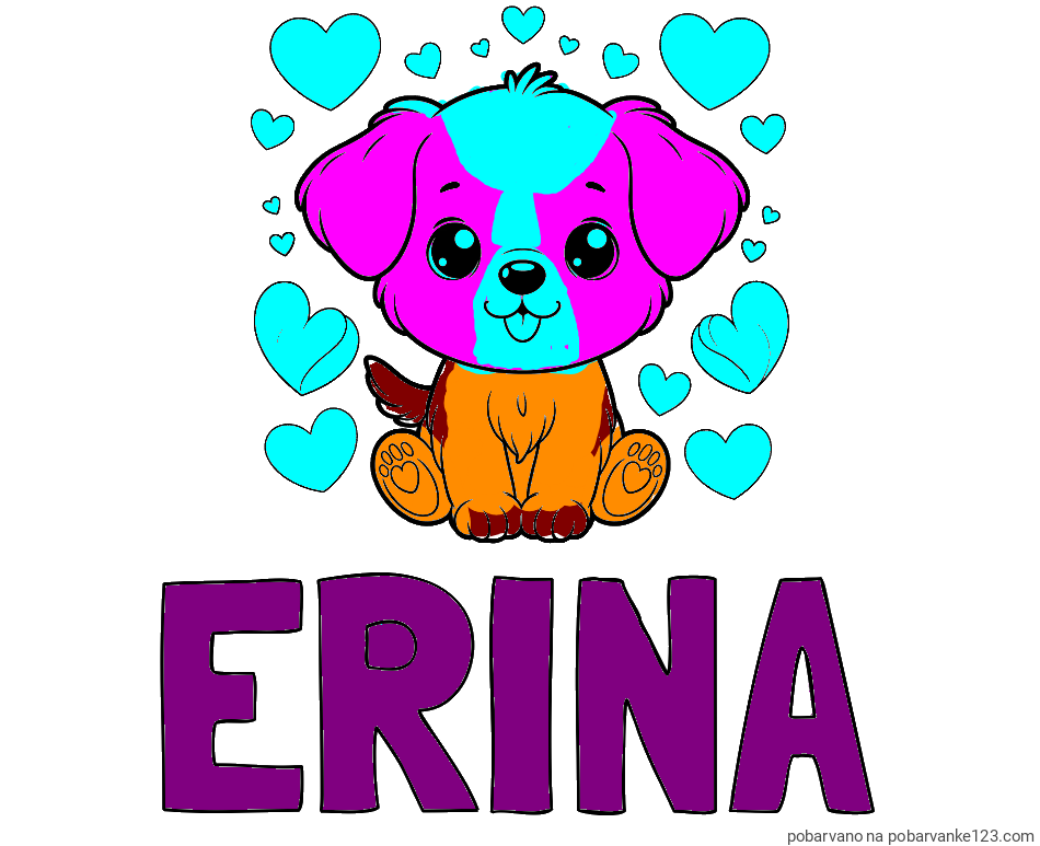 POBARVANA POBARVANKA - Pobarvanka imena ERINA in pobarvanka ljubkega kužka obdanega s srčki