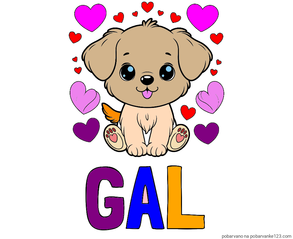 POBARVANA POBARVANKA - Pobarvanka imena GAL in pobarvanka ljubkega kužka obdanega s srčki