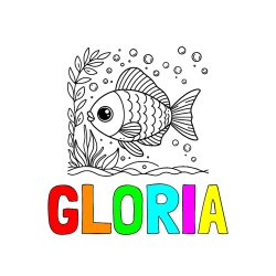 Pobarvana pobarvanka - Pobarvanka imena GLORIA in otroška pobarvanka ljubke ribe