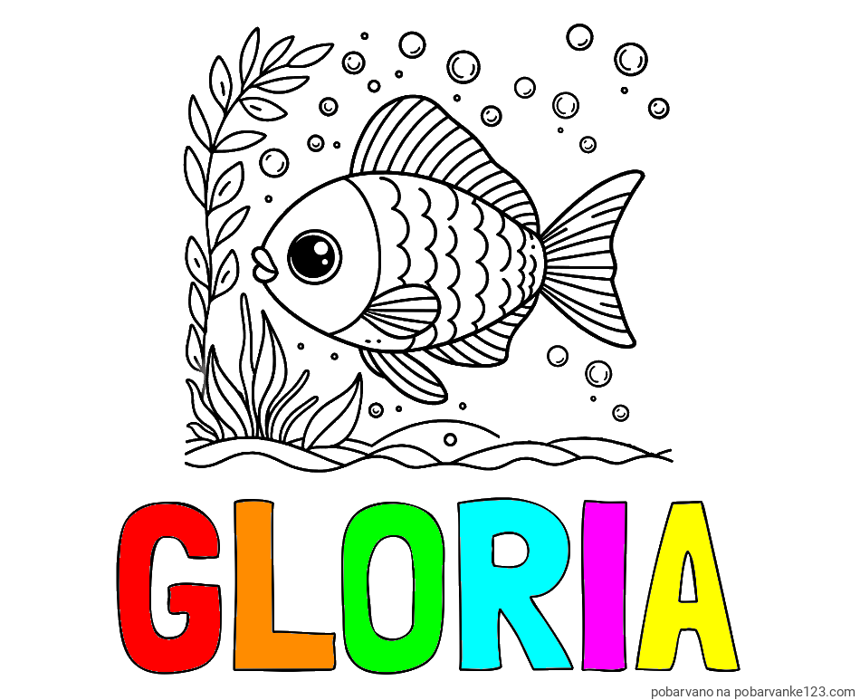 POBARVANA POBARVANKA - Pobarvanka imena GLORIA in otroška pobarvanka ljubke ribe