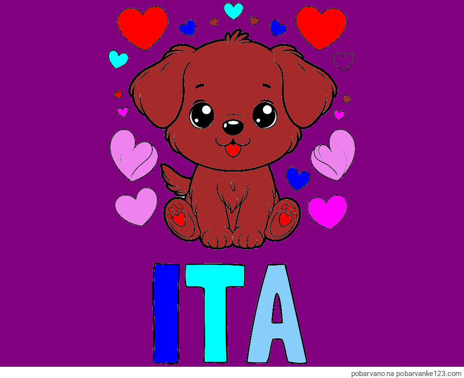 POBARVANA POBARVANKA - Pobarvanka imena ITA in pobarvanka ljubkega kužka obdanega s srčki