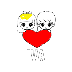 Pobarvana pobarvanka - Pobarvanka imena IVA in pobarvanka fantka in deklice, ki objemata srček