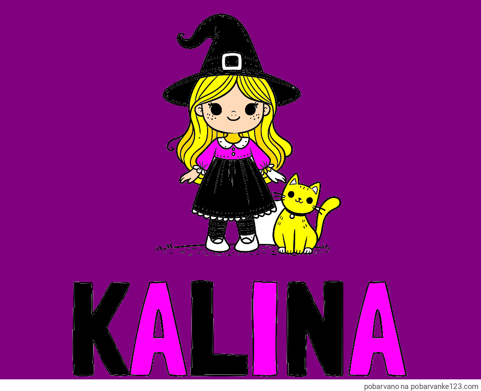 POBARVANA POBARVANKA - Pobarvanka imena KALINA in Čudovita pobarvanka ljubke čarovnice in nasmejane mačke