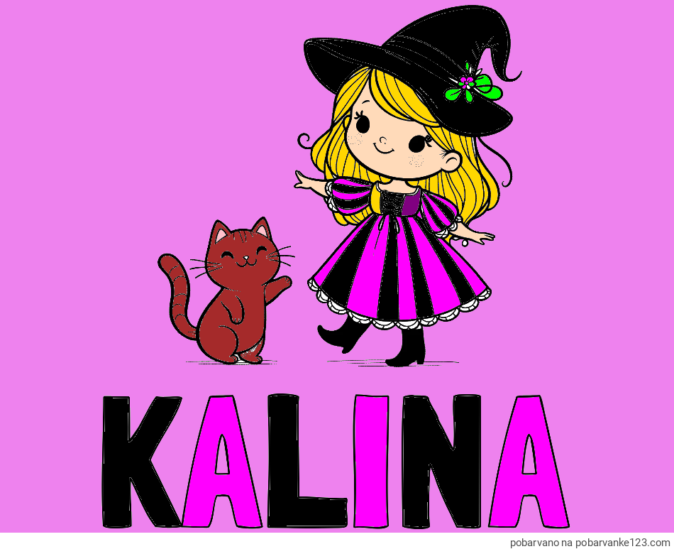 POBARVANA POBARVANKA - Pobarvanka imena KALINA in pobarvanka ljubke čarovnice ter podrednega mačka