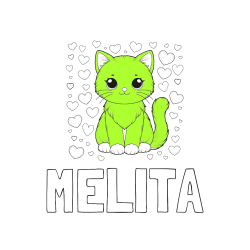 Pobarvana pobarvanka - Pobarvanka imena MELITA in pobarvanka ljubke mucke obdane s srčki