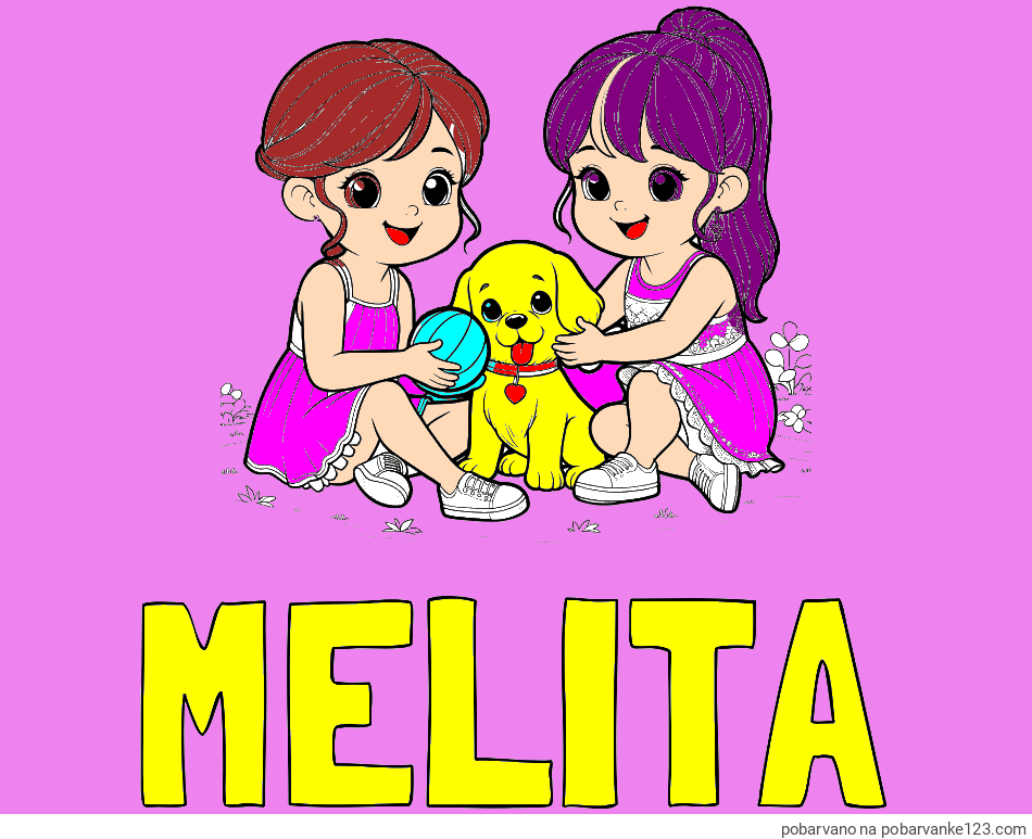 POBARVANA POBARVANKA - Pobarvanka imena MELITA in pobarvanka prijateljic s kužkom