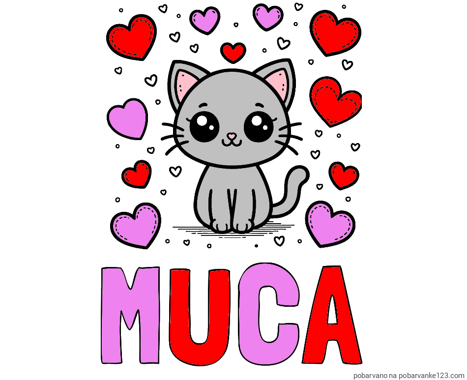 POBARVANA POBARVANKA - Pobarvanka imena MUCA in pobarvanka ljubke mucke obdane z veliko srčki
