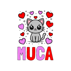 Pobarvana pobarvanka - Pobarvanka imena MUCA in pobarvanka ljubke mucke obdane z veliko srčki