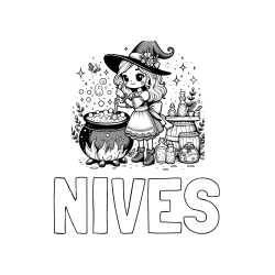 Pobarvana pobarvanka - Pobarvanka imena NIVES in pobarvanka prikupna čarovnica, ki pripravlja čarobni napoj