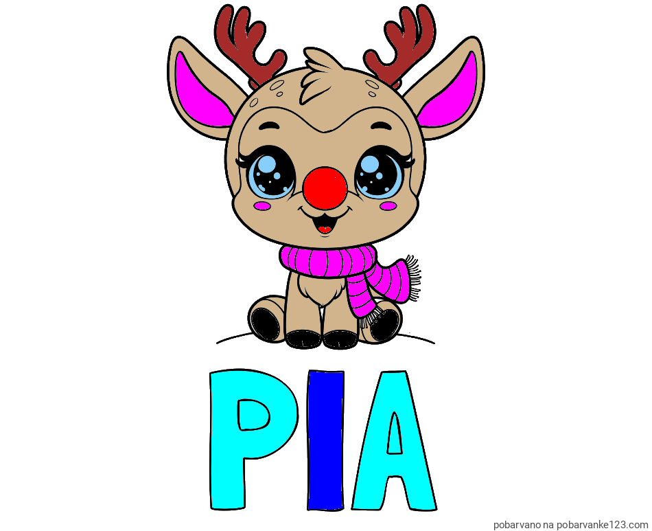 POBARVANA POBARVANKA - Pobarvanka imena PIA in otroška pobarvanka jelenčka Rudolfa s šalom okoli vratu