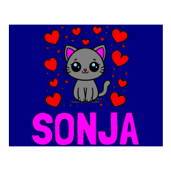 Pobarvana pobarvanka - Pobarvanka imena SONJA in pobarvanka ljubke mucke obdane z veliko srčki