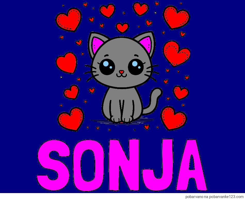 POBARVANA POBARVANKA - Pobarvanka imena SONJA in pobarvanka ljubke mucke obdane z veliko srčki