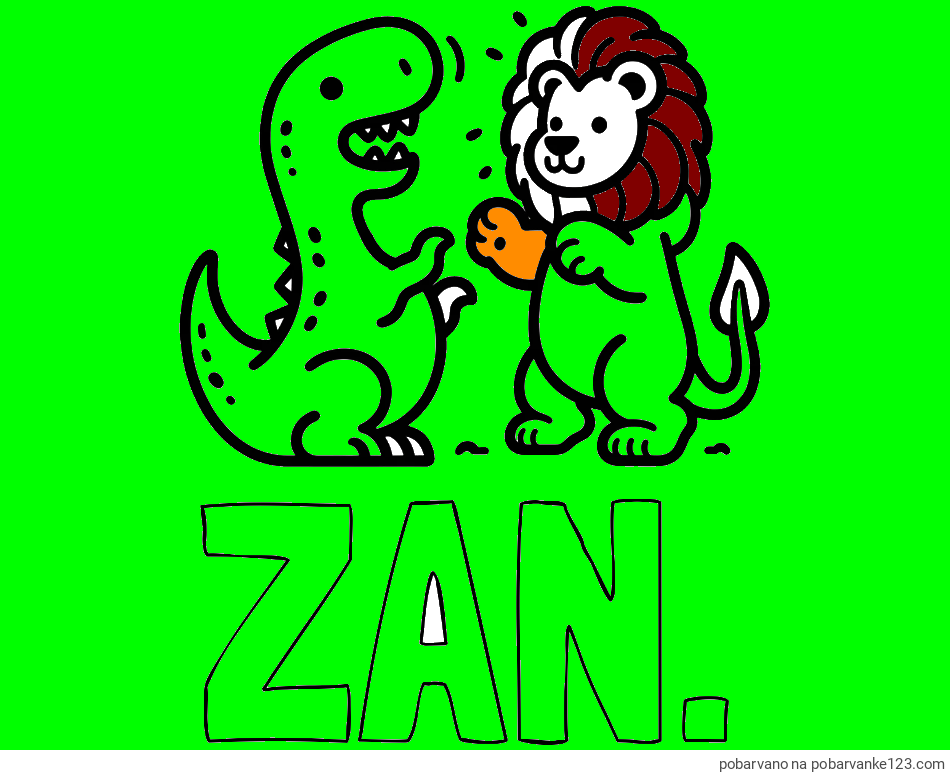 POBARVANA POBARVANKA - Pobarvanka imena ŽAN. in pobarvanka dinozavra, ki napada leva