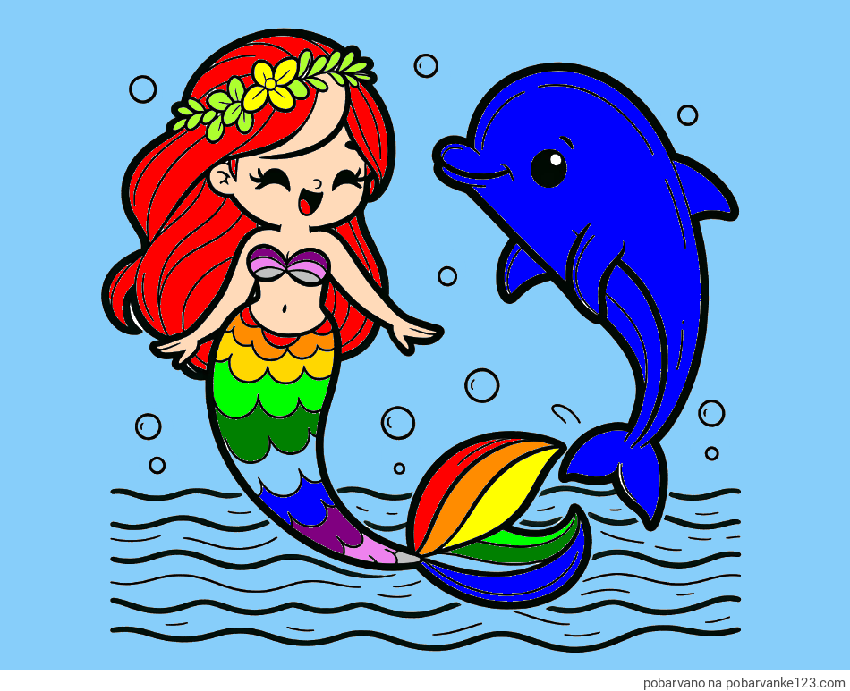POBARVANA POBARVANKA - Pobarvanka ljubke morske deklice, ki pleše z delfinom