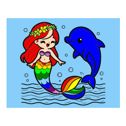 Pobarvana pobarvanka - Pobarvanka ljubke morske deklice, ki pleše z delfinom