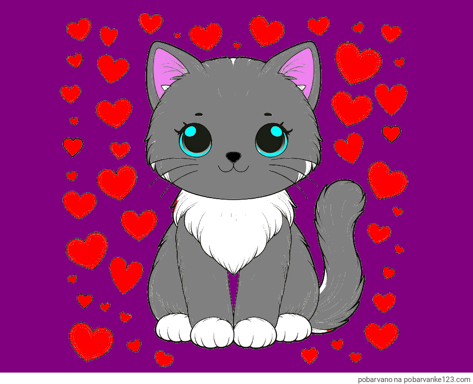 POBARVANA POBARVANKA - Pobarvanka ljubke mucke obdane s srčki