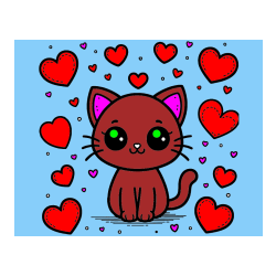 Pobarvana pobarvanka - Pobarvanka ljubke mucke obdane z veliko srčki