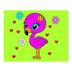 Pobarvana pobarvanka - Pobarvanka mladička flaminga z rožicami in srčki