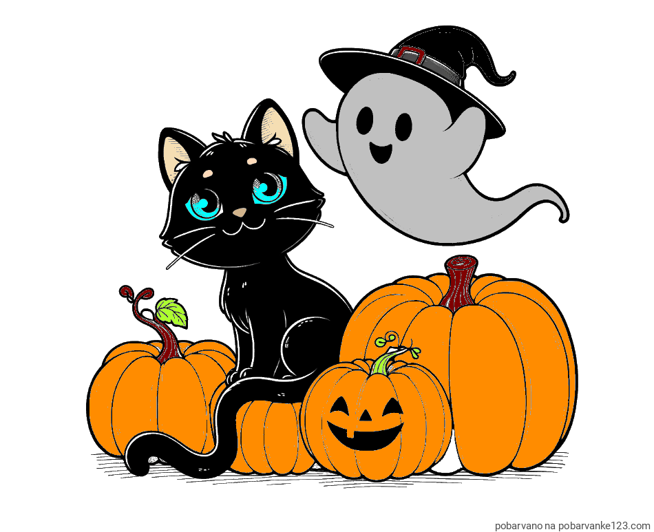 POBARVANA POBARVANKA - Pobarvanka prijaznega duhca, črne mačke ter buč za noč čarovnic