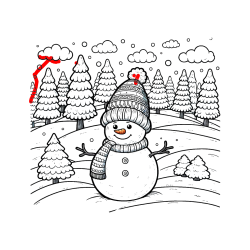 Pobarvana pobarvanka - Pobarvanka snežaka v naravi obdanega z zasneženimi smrekami