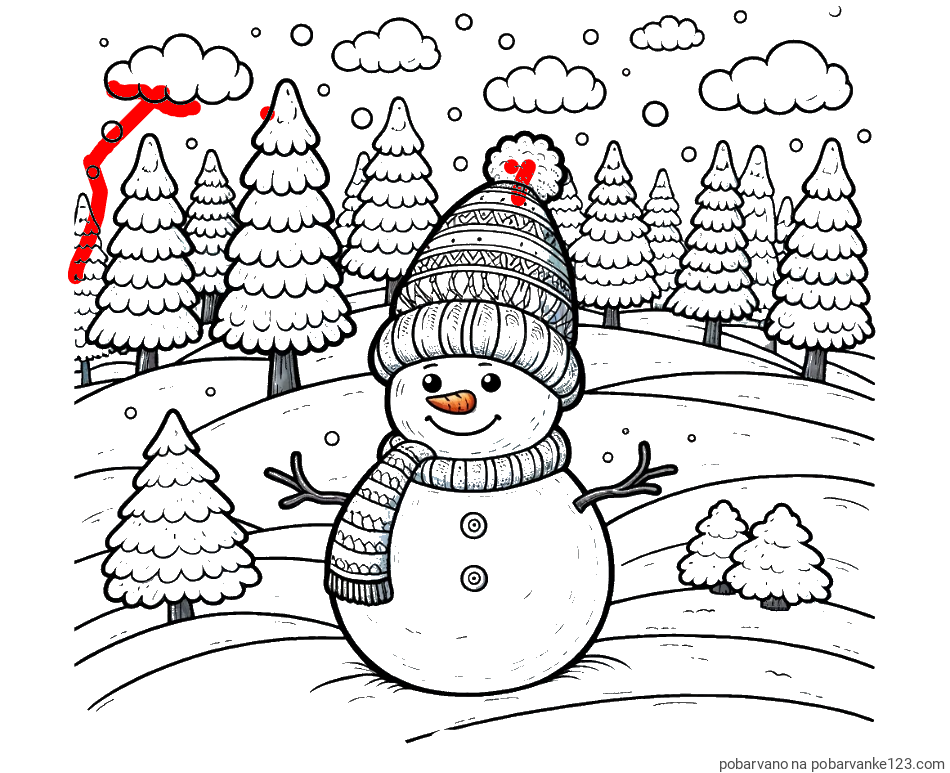 POBARVANA POBARVANKA - Pobarvanka snežaka v naravi obdanega z zasneženimi smrekami