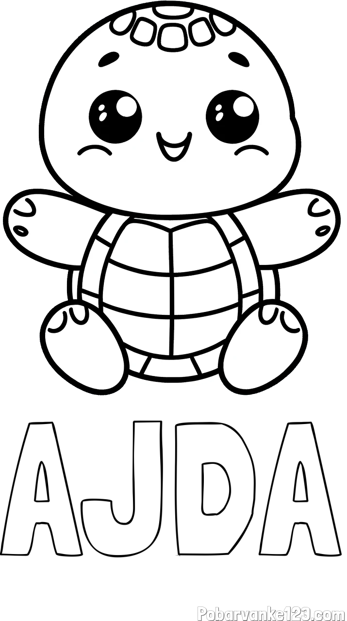 Pobarvanka imena AJDA in otroška pobarvanka ljubke in nasmejane želvice
