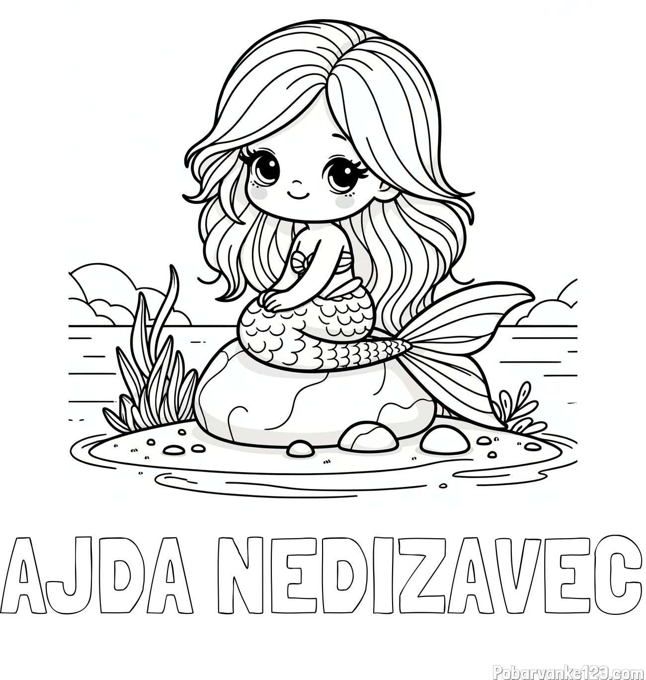 Pobarvanka imena AJDA NEDIŽAVEC in pobarvanka prikupne morske deklice, ki sedi na kamnu ob obali