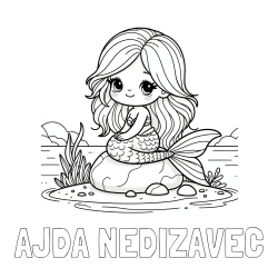 Online izdelana pobarvanka - Pobarvanka imena AJDA NEDIŽAVEC in pobarvanka prikupne morske deklice, ki sedi na kamnu ob obali