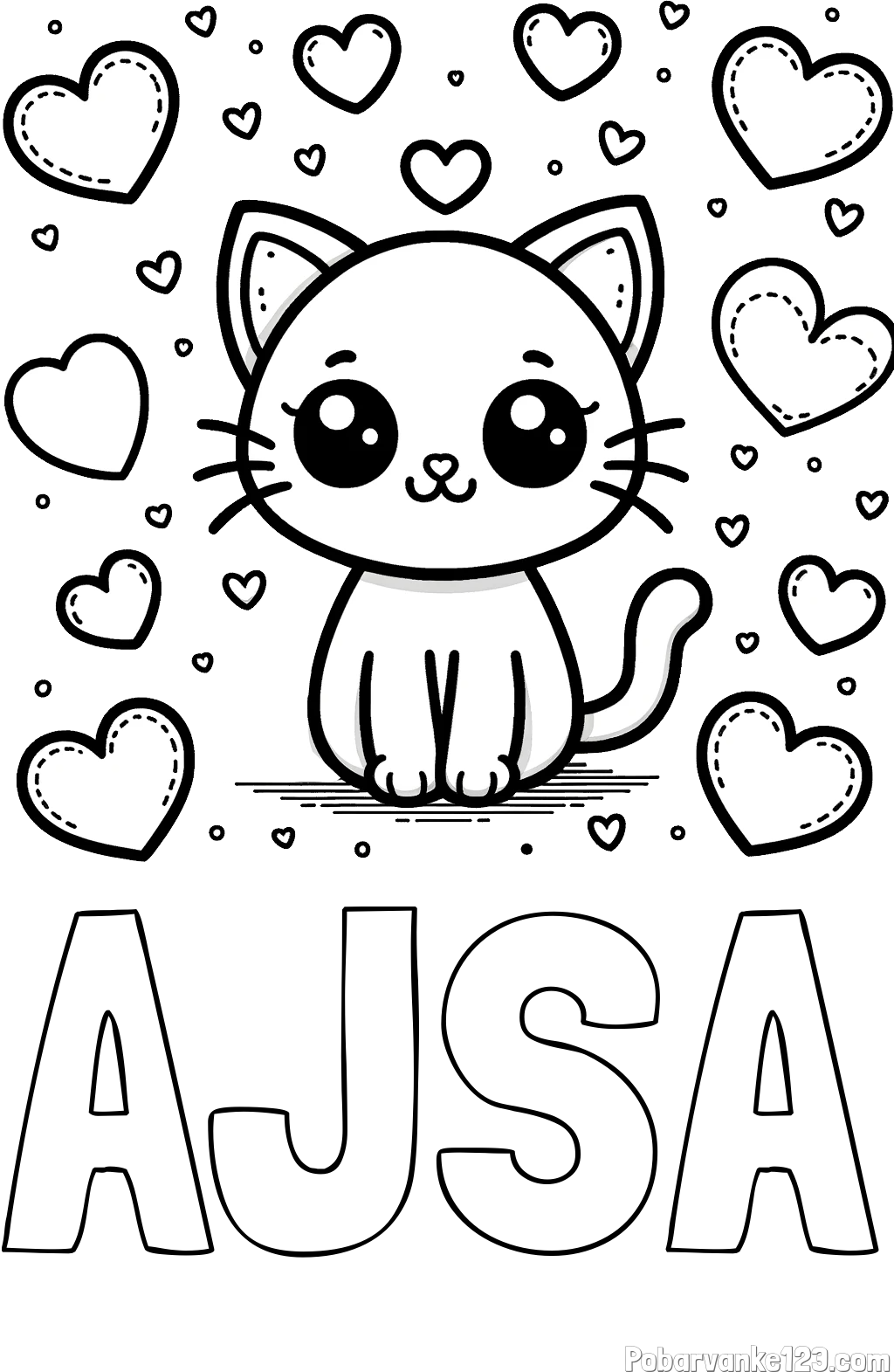 Pobarvanka imena AJŠA in pobarvanka ljubke mucke obdane z veliko srčki