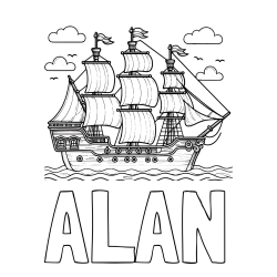 Online izdelana pobarvanka - Pobarvanka imena ALAN in pobarvanka stare gusarske ladje