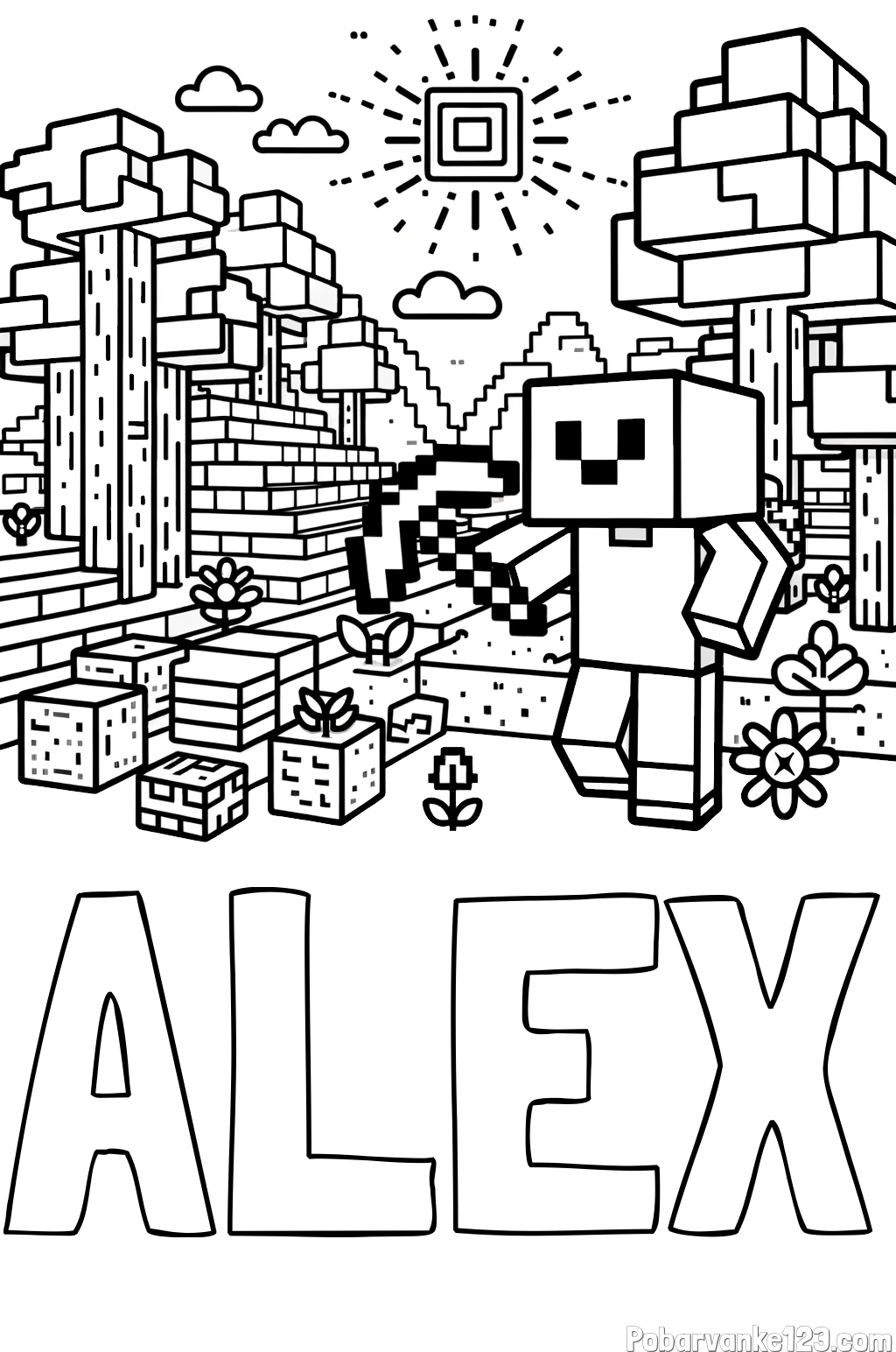 Pobarvanka imena ALEX in pobarvanka Minecraft sveta