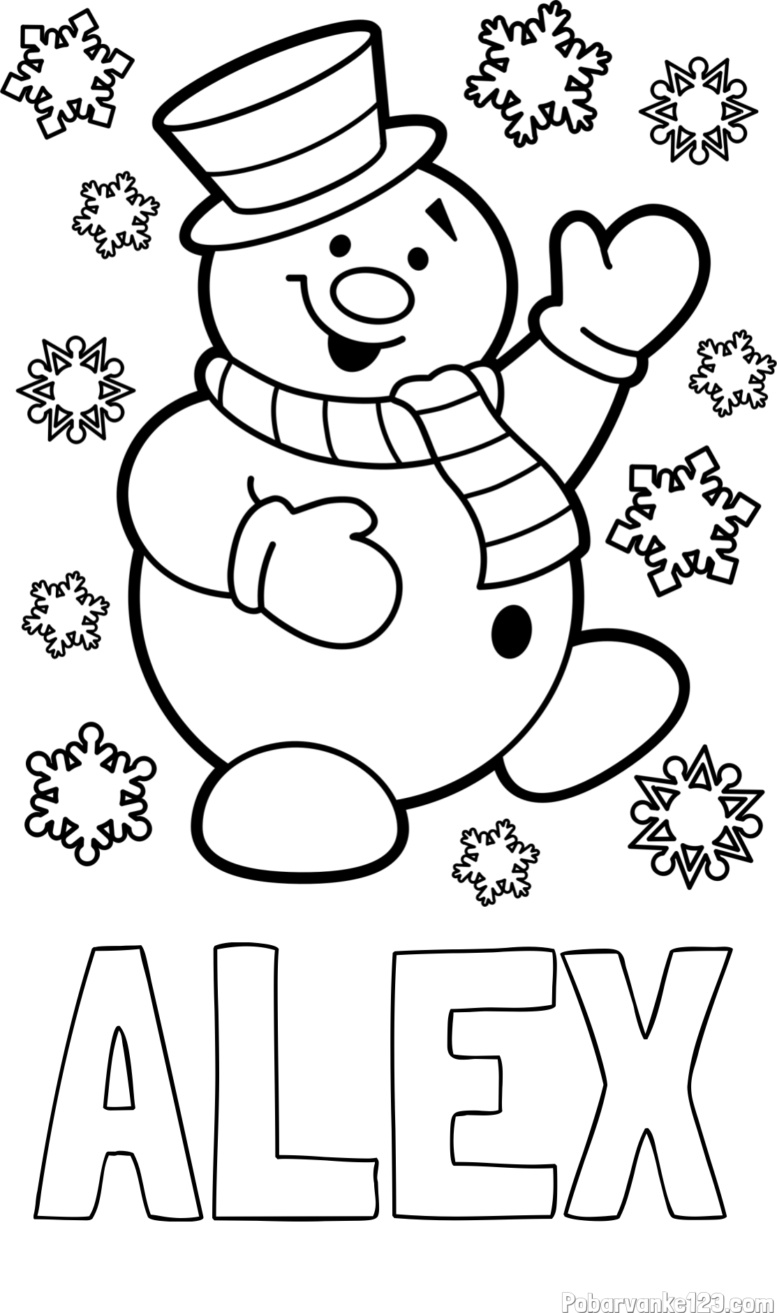 Pobarvanka imena ALEX in pobarvanka veselega snežaka