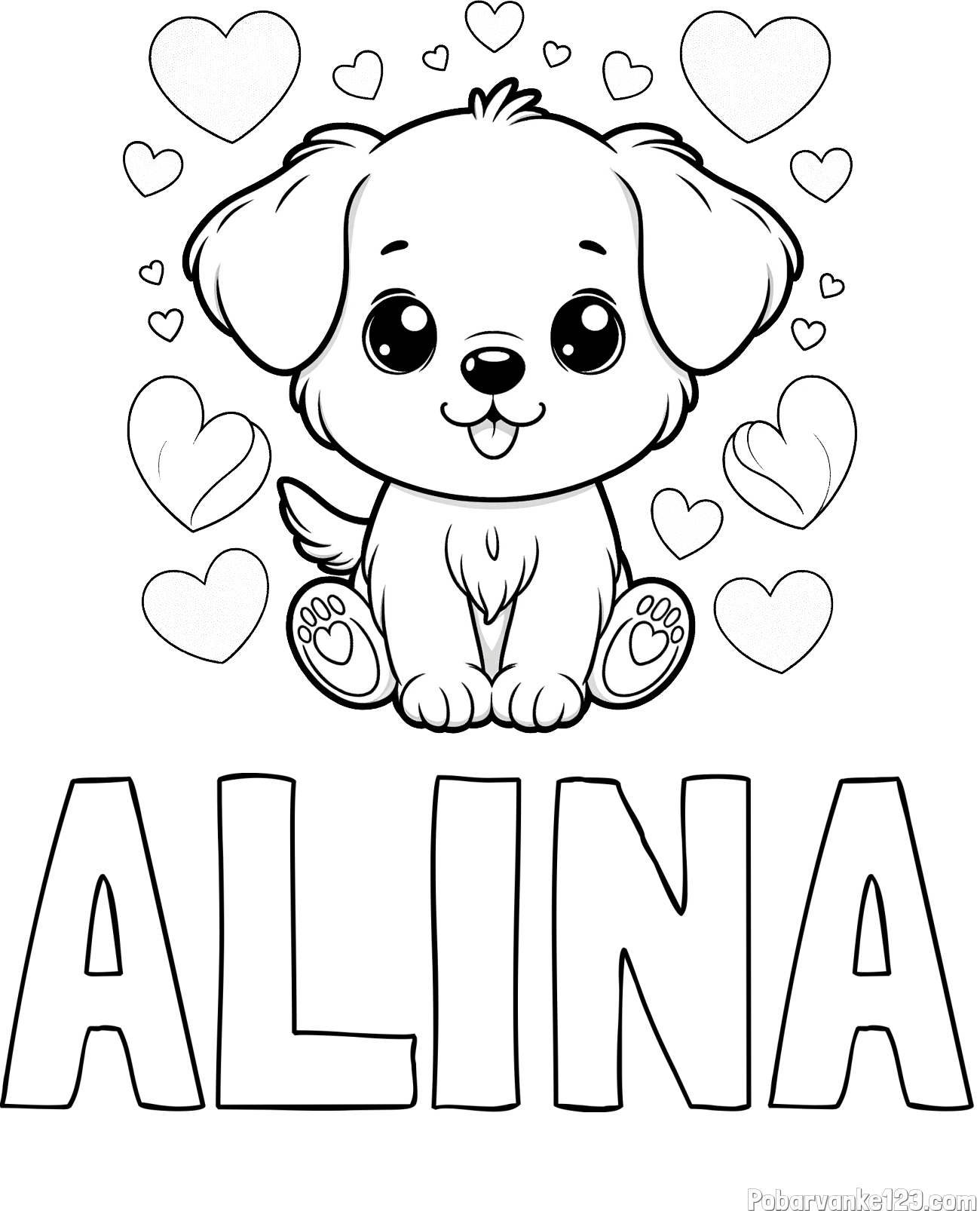 Pobarvanka imena ALINA in pobarvanka ljubkega kužka obdanega s srčki
