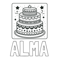 Online izdelana pobarvanka - Pobarvanka imena ALMA in pobarvanka slastne torte